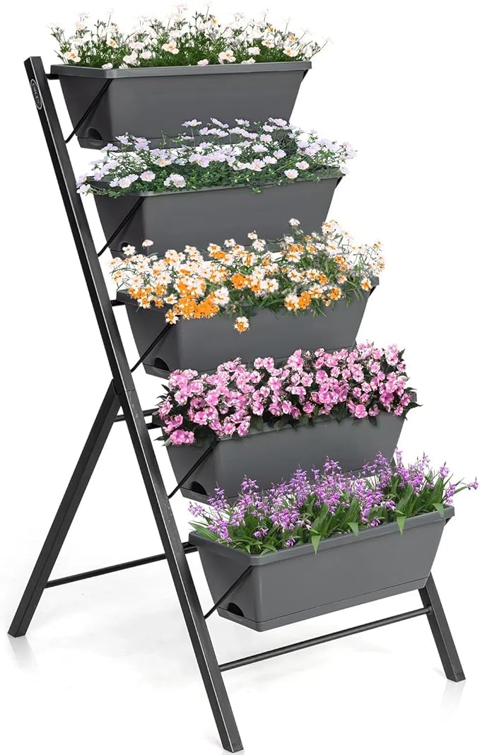 5-Tier Vertical Raised Garden Bed 22.5 x 27 x 45 inch Food Safe Garden Planter with Independent Drainage System Horticulture Planter Box for Patio Balcony Greenhouse Garden