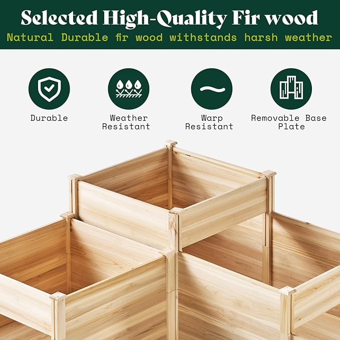 AMERLIFE 3-Tier Raised Garden Bed for Outdoor Gardening Fir Wood Planter Box with Dividers Tool-Free Assembly Garden Box Perfect for Vegetables Herbs and Flowers