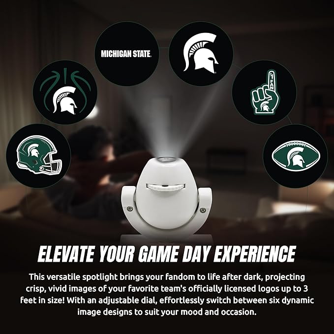 Sporticulture NCAA American Football Michigan State Spartans - Adjustable Led Mini Spotlight Projector with 6 Team Logo Designs - Portable &amp Rechargeable Spotlight - Battery-Operated - 4.37” x 3.1