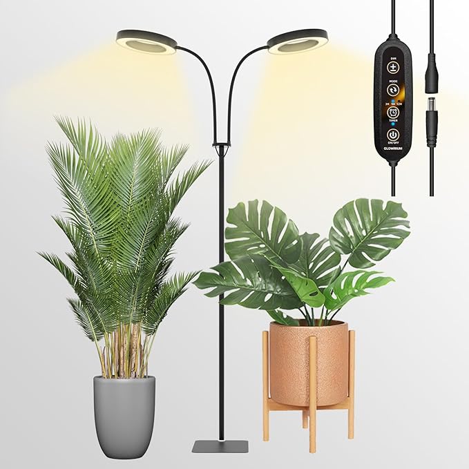 GLOWRIUM Grow Lights for Indoor Plants Full Spectrum LED Grow Light Floor Lamp with Stand Adjustable Height and Angle Black Plant Light with 3/9/12H Grow Light Timer (Black 36W)