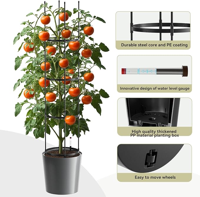 SUNYRISY Raised Garden Bed Planter Box with Trellis Self Watering Tomato Planter Box with Wheels for Climbing Plants Vegetable Vine Flowers Outdoor Patio Grey
