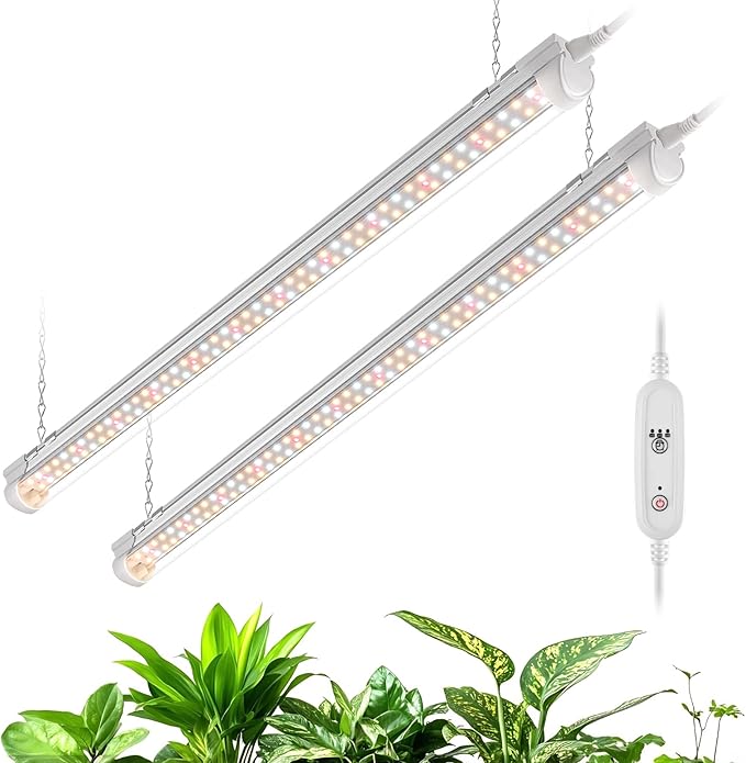 Bstrip Grow Light 2FT 48W (2 X 24W) Plant Light with Timer Full Spectrum with 660nm Red LEDs Linkable Design 3686K T8 Grow Lights for Indoor Plants Greenhouse Seeding 2-Pack