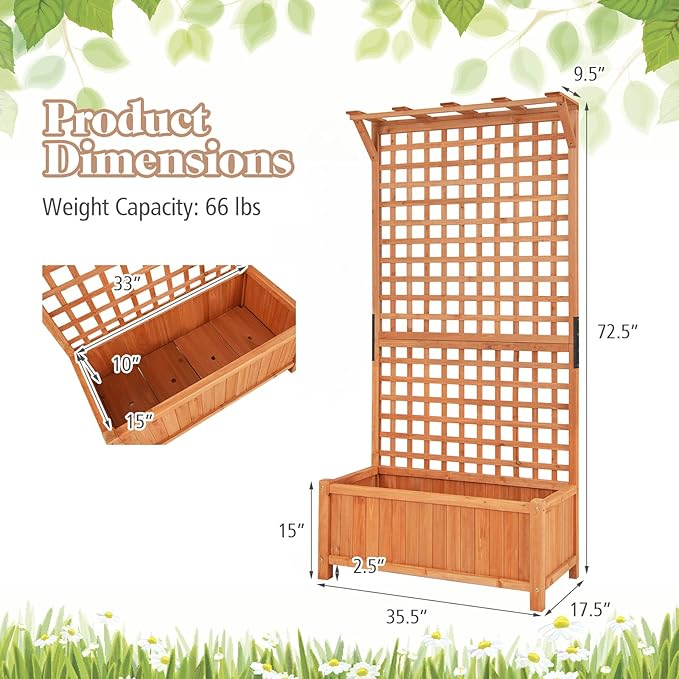 MAT EXPERT Raised Garden Bed with Trellis Lattice Panel with Hanging Roof Drainage Hole Planter Box for Flower Vine Elevated Outdoor Planter for Garden (2 35.5” x 17.5” x 72.5” (L x W x H))