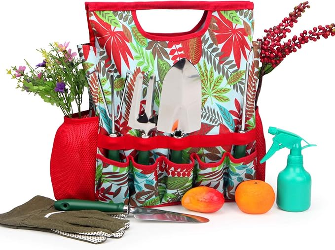 9-piece Garden Tools Set with Gloves and Floral Tote Bag - Gardening Hand Tools Kit with Storage Bag Gifts for Women