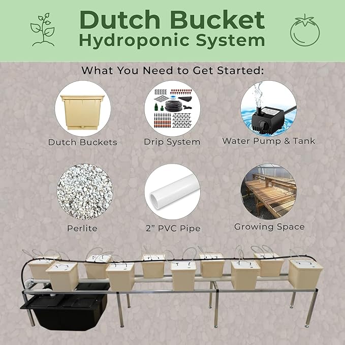 10-Pack Dutch Bucket Hydroponic System – Bato Buckets with Siphon Elbows – 11L (12 x 10 x 9) – Tan