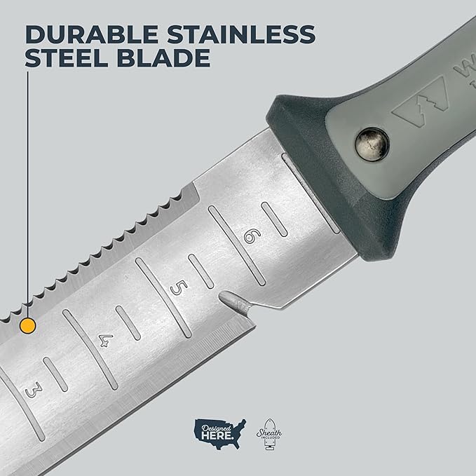WOODLAND TOOLS Heavy Duty Hori Hori Garden Knife - Stainless Steel Soil Knife with Serrated Edge Depth Markings and Ergonomic Grip Multi-Use Weeding and Digging Tool with Sheath for Gardening