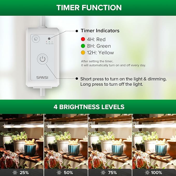 SANSI T8 Grow Lights for Indoor Plants 2FT 4000K Full Spectrum 25W (195W Equivalent) LED Grow Light Strips with 4-Level Dimmable Auto On Off 4 8 12 Hrs Timer IP54 Waterproof for Seed Starting