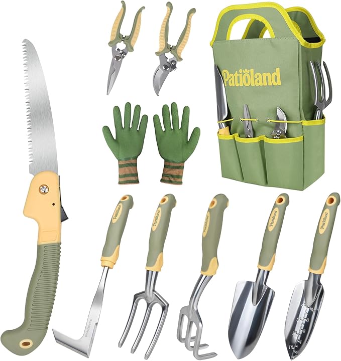 10-Piece Garden Tool Set Green Gardening Hand Tools Kit with Non-Slip Handles Heavy Duty Rust-Proof Aluminum Tools Organizer Tote Bag &amp Gardening Gloves Ideal Gardening Gifts for Men and Women