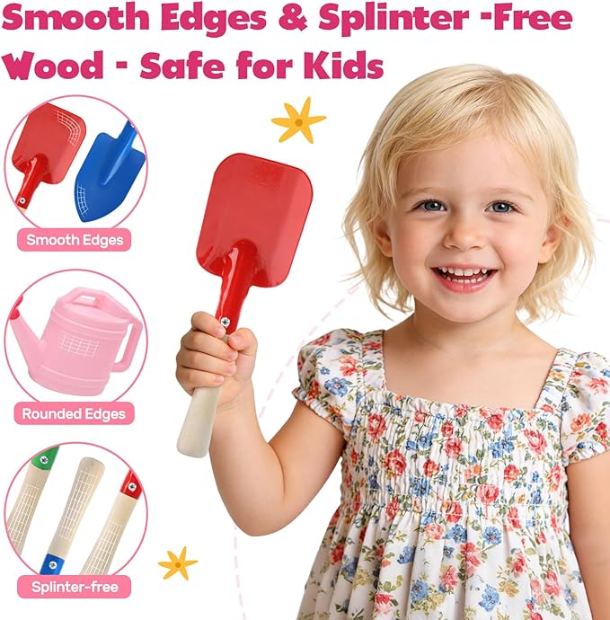 CUTE STONE Kids Gardening Tool Set Pink Wheelbarrow with Garden Toys with Watering Can Gloves Hand Rake Shovel Trowel Outdoor/Indoor Pretend Play Toys for Toddlers Boys Girls Age 3+