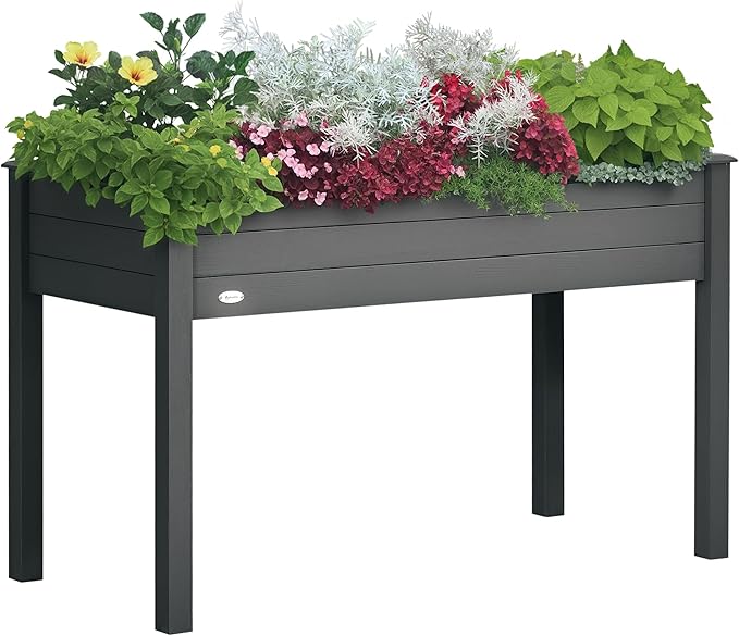 Outsunny Raised Garden Bed with Legs 48 x 22 x 30 Elevated Wooden Planter Box Self-Draining with Bed Liner for Vegetables Herbs and Flowers Backyard Patio Balcony Use Dark Gray