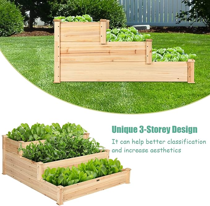 Giantex 3 Tier Raised Garden Bed Outdoor Planter Box Vegetable Flowers Growing Box Elevated Raised Bed Kit Wood Planting Container 49’’x49’’x22 (LxWxH)