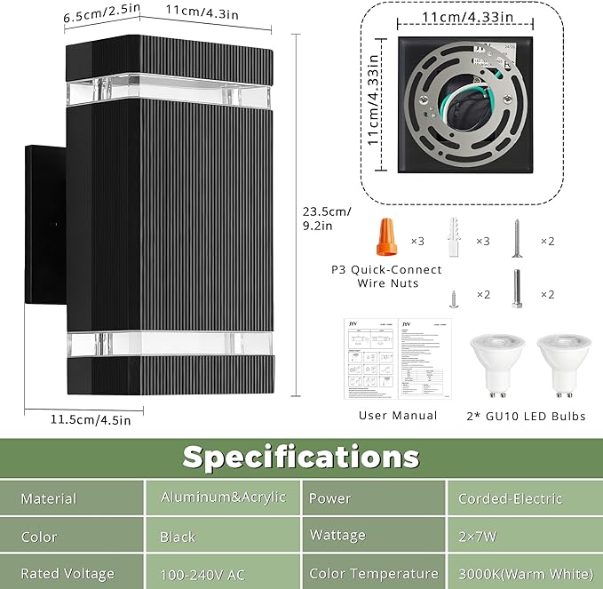 Square Dusk to Dawn Outdoor Lighting 2 Pack Up and Down LED Porch Lights Aluminum Outdoor Wall Lights with 2 * 7W Bulbs 3000K Waterproof Exterior Lighting Fixtures for House Porch Garage Black