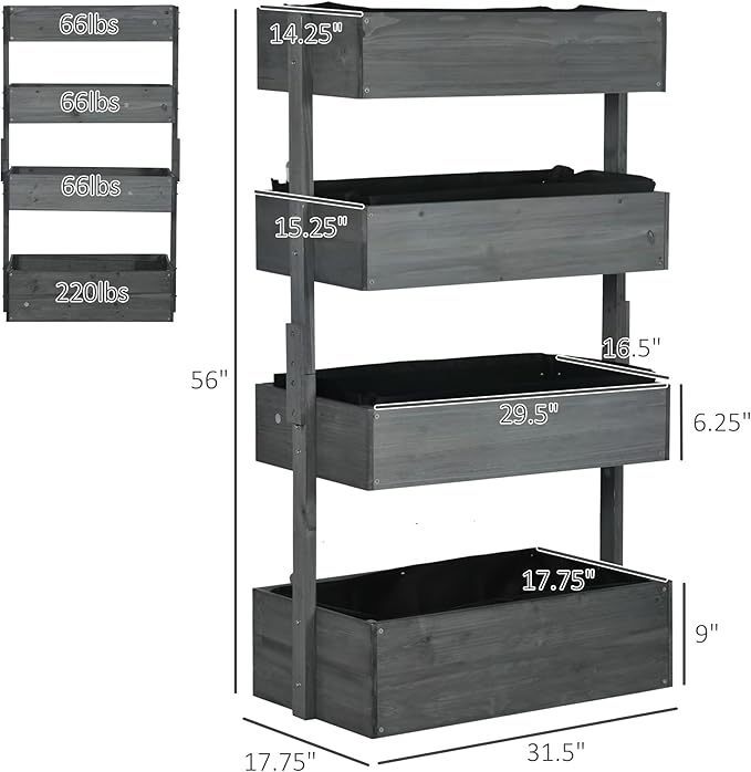 Wooden Vertical Raised Garden Bed 4 Tier Garden Planters Self-Draining with Non-Woven Fabric System Standing Plant Box for Plants Herbs Flowers Vegetables Outdoor Indoor Gardening
