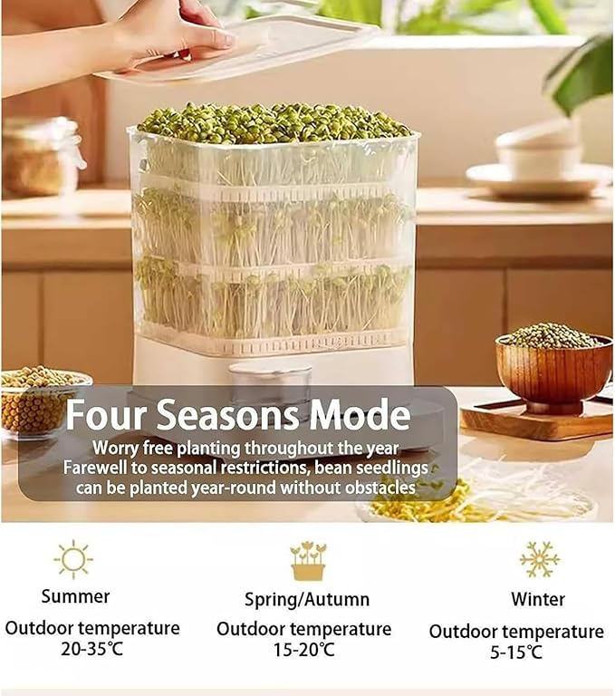 Automatic Bean Sprouts Machine 3 Layer Large Capacity Seed Sprouter Kit with LED Display 360° Automatic Spray 1.5L Water Tank Bean-Sprouts Maker for H