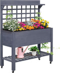 41 Raised Garden Bed with Trellis on Wheels Wooden Elevated Planter Box with Legs and Bed Liner for Flowers Herbs Vegetables Gray