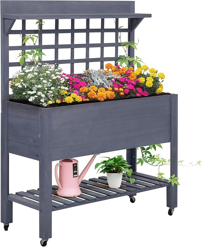 41 Raised Garden Bed with Trellis on Wheels Wooden Elevated Planter Box with Legs and Bed Liner for Flowers Herbs Vegetables Gray
