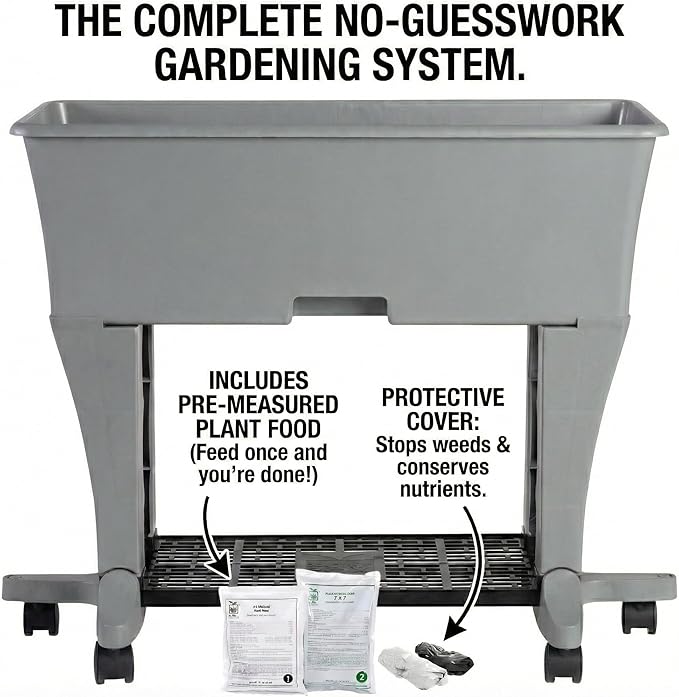 EarthBox Raised Garden Bed with Legs – Elevated Self Watering Planter Box with Wheels Storage Shelf Premium Plant Food Easy Assembly Made in USA Gray