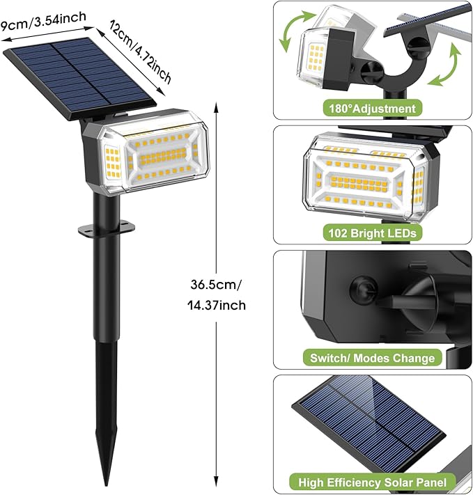 102 LED Solar Spot Lights Outdoor Waterproof IP65 Adjustable Landscape Spotlights [8 Pack/4 Modes] Auto On/Off Solar Powered Flood Lights for Outside Yard Garden Wall Pathway (Warm White)