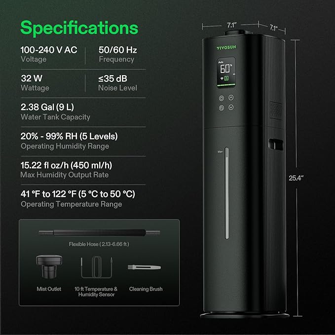 VIVOSUN AeroStream H09 Intelligent Wi-Fi Humidifier 2.38 Gal / 9 L Humidifier with Temp &amp Humidity Probe Smart Remote Control Designed for Growers