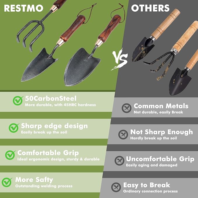 RESTMO 3-in-1 Heavy Duty Gardening Tools Kit Premium Carbon Steel Garden Hand Tools with Ergonomic Wooden Handle Includes Trowel Transplanter and Cultivator Ideal Gardening Gifts for Gardener