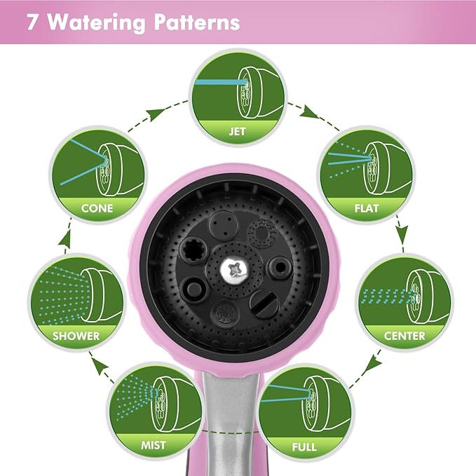 RESTMO Metal Watering Wand Heavy Duty Garden Hose Wand with 180° Swivel Ratcheting Head 16'' Hose Nozzle Sprayer with 7 Spray Patterns and Flow Control for Water Hanging Baskets and Shrubs Pink