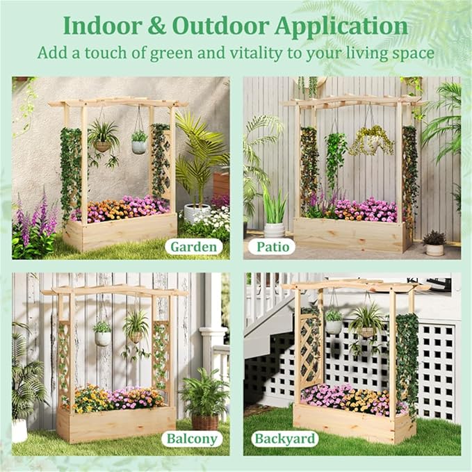 Pine Wood Garden Bed with Trellis Wooden Planter BoxArden Bed with Sided Trellis &amp Hanging Roof Wood Planter Box Freestanding Garden Planter Raised Bed for Flowers Herbs Climbing Vines