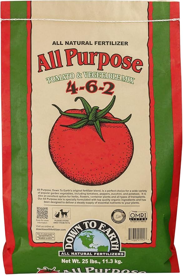Down To Earth All Natural Fertilizers Organic All Purpose Tomato &amp Vegetable Mix - Plant Food for Tomatoes Peppers Herbs and Flowers 4-6-2 25 lb