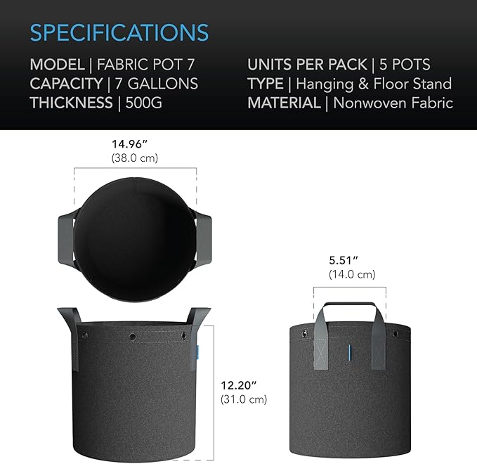 AC Infinity Heavy Duty Fabric Pots 7 Gallon Aeration Grow Bags 5-Pack with 500G Thick Nonwoven Fabric and Multi-Purpose Rings for Low Stress Plant Training Fruits Vegetables and Flowers