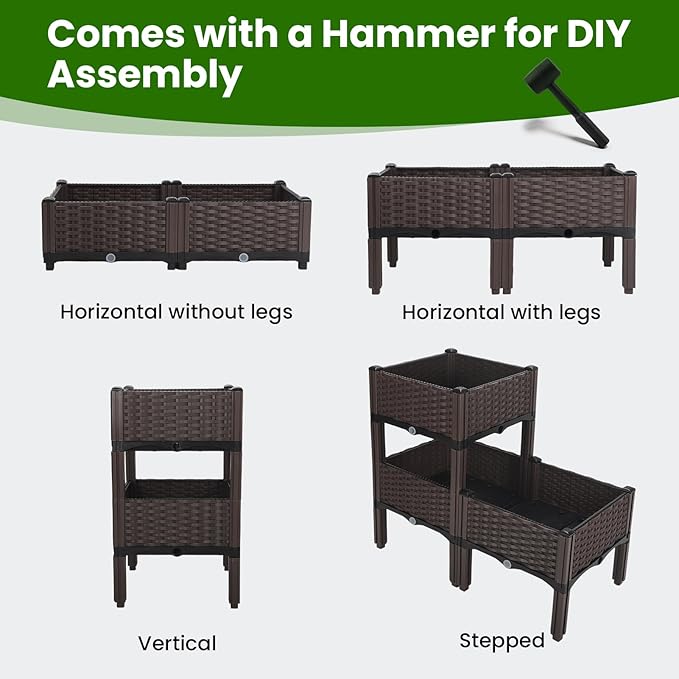 4Pcs Plastic Raised Garden Bed62.4×15.6×14.4 Elevated Wicker Planter Box with Self-Watering System Plants Garden Boxes with Legs for Growing Fresh VegetablesFruitFlowers and Herbs