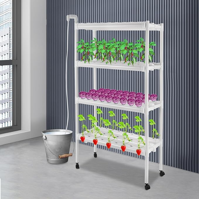 Hydroponics Growing System with Water Pump and Timing 4 Layers Hydroponic Vegetable Growing Kit 108 Sites Food-Grade PVC-U Pipes for Fruits Vegetables Herbs