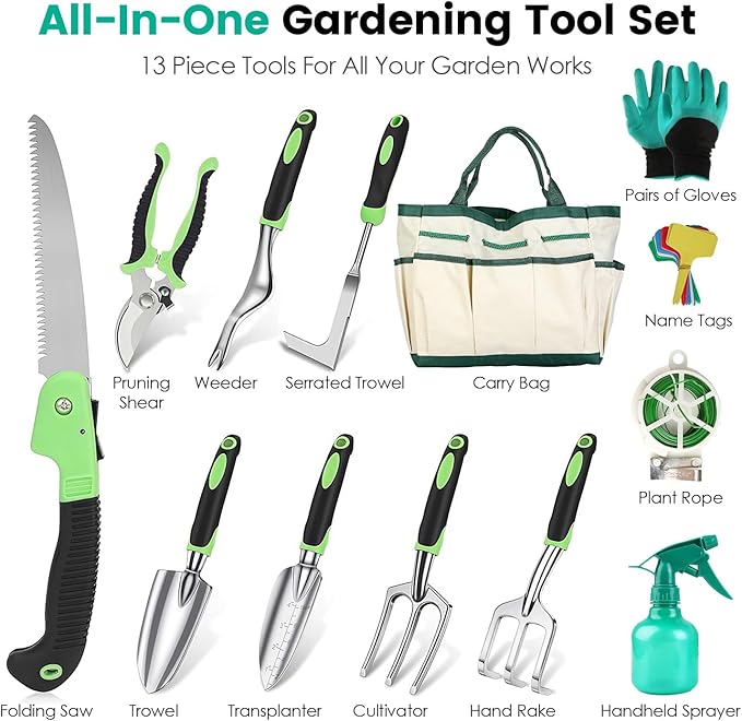 Garden Tool Set 13PCS Aluminum Alloy Heavy Duty Garden Tool Kit with Non-Slip Ergonomic Handle Storage Bag &amp Gloves Gardening Gifts for Women and Men