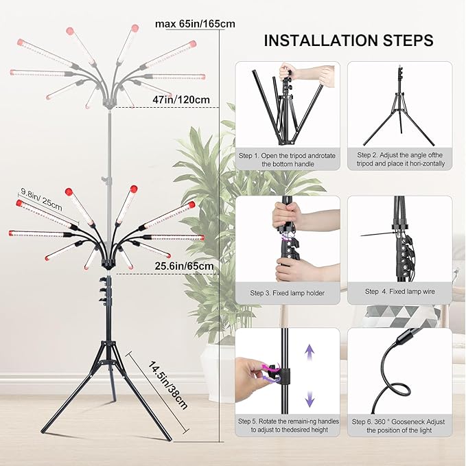 10Head Grow Light with Stand for Tall&ampLarge Indoor Plants Bonsai Tree Big Coverage and Bright Plant Growing Lamps 4/8/12/16/20H Timer 90 Watt Power Draw NO Need Adapter 360° Gooseneck