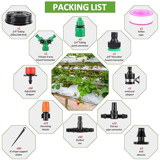 LasTool 164FT Drip Irrigation KitAutomatic Garden Watering System with 1/4 TubingAdjustable Mist Sprayer Nozzles &amp Drip Emitters for Raised BedPatioLawn Greenhouse-Easy DIY Installation