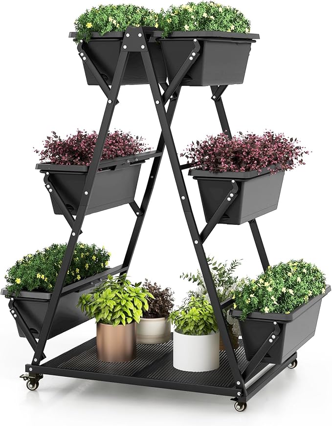 Giantex 6-Tier Rolling Raised Garden Bed Vertical Planter Stand on Wheels with 6 Garden Boxes Storage Shelf Indoor Outdoor Freestanding Raised Beds for Flower Strawberry Vegetable Herb