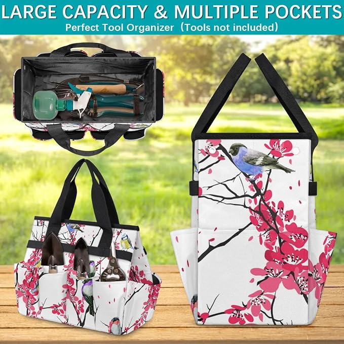 Garden Tool BagFloral Bird Tree Branch Gardening Organizer Bag With Pockets Garden Tool Kit Storage Tote for Women Men Garden Tool Set Holder