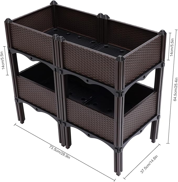 2 Tiers Raised Home Garden Bed 28.9*14.8*25.4in Self-Watering Plastic Planter Square Raised Garden Bed 4pcs Raised Elevated Garden Beds Planter Box Kit with Rattan Side Panels for Growing Vegetables