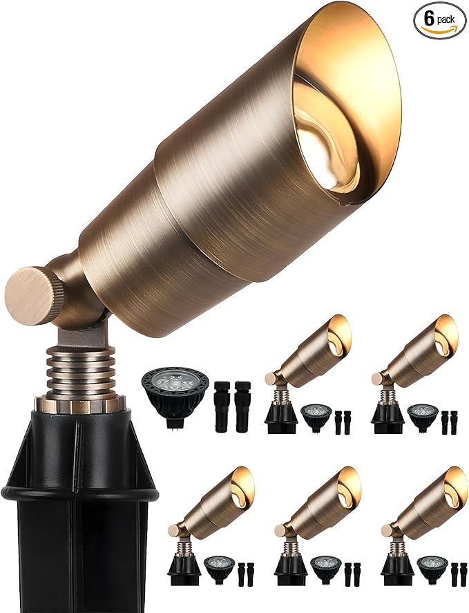 PARTPHONER Solid Brass Low Voltage Landscape Lighting Wired 12V LED Landscape Spotlights with Aluminum Housing MR16 Bulb Heavy Duty Outdoor Waterproof Up Lights for Garden Yard Trees 6Pack