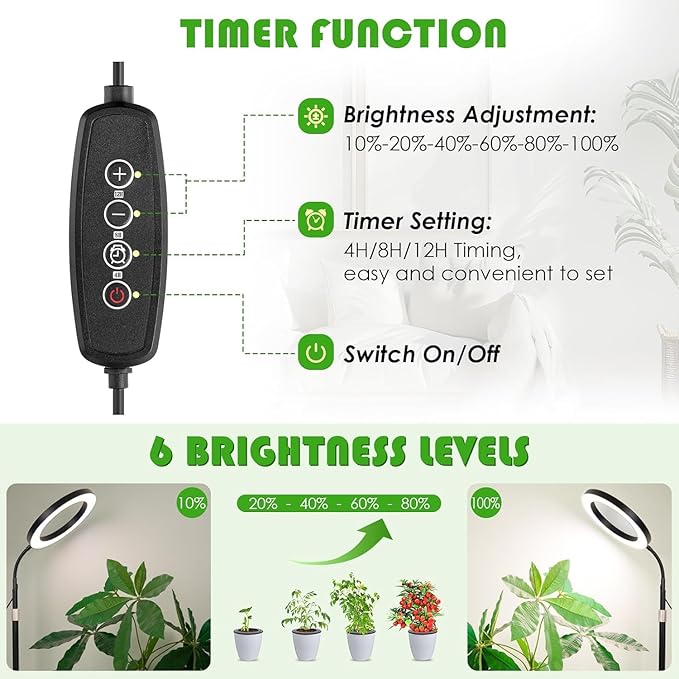 LBW Grow Lights for Indoor Plants with Stand Full Spectrum Floor Plant Lights for Indoor Growing 108 LEDs Standing Plant Lamp 4/8/12H Auto Timer 6 Brightness68inchs Height Adjustable7.8 Diameter