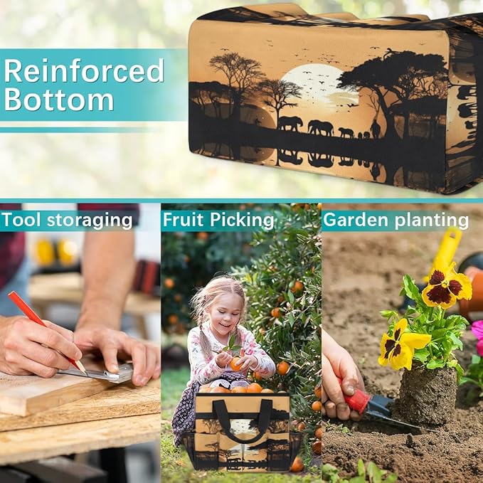 Sunset Elephants Tree Silhouette Garden Tool Bag Waterproof Garden Tool Storage Bag Heavy Duty Oxford Gardening Tool Bag with Handle &amp 10 Pockets for Men Women Outdoor Garden Lawn Yard