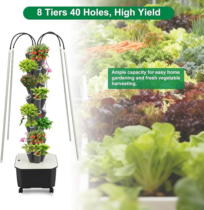 40-Hole Hydroponic Growing Tower with LED Grow Lights &amp Auto Water Pump - 59'' Indoor/Outdoor Vertical Garden System Kit for Vegetables Herbs Strawberries - Space-Saving Wheeled Soil-Free (Gre