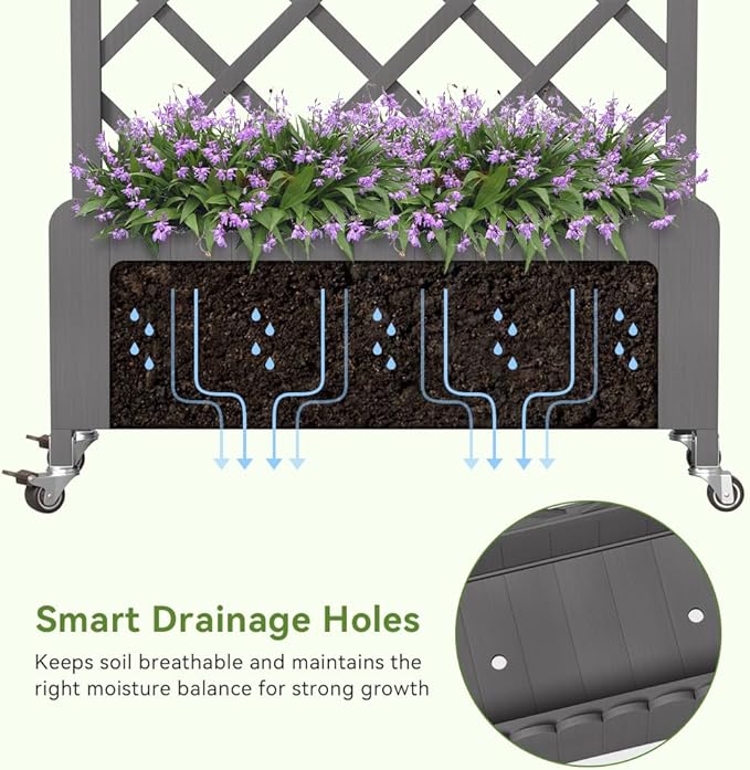 COMHOMA Raised Garden Bed with Trellis and Wheels48Inch Elevated Planter Box with Drainage HolesLattice Privacy Screen for Climbing Plants VegetablesOutdoor for Patio Balcony YardGray