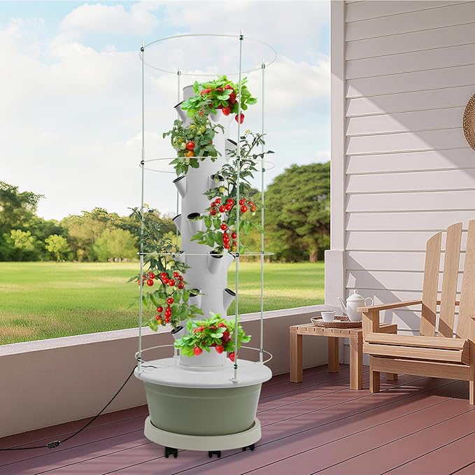 28-Plant Hydroponic Growing Tower 7-Tier Indoor Vertical Garden System with Climbing Trellis Hydroponic Tower Kit with Automatic Water Circulation Pump and Timer for Home Balcony &amp Office