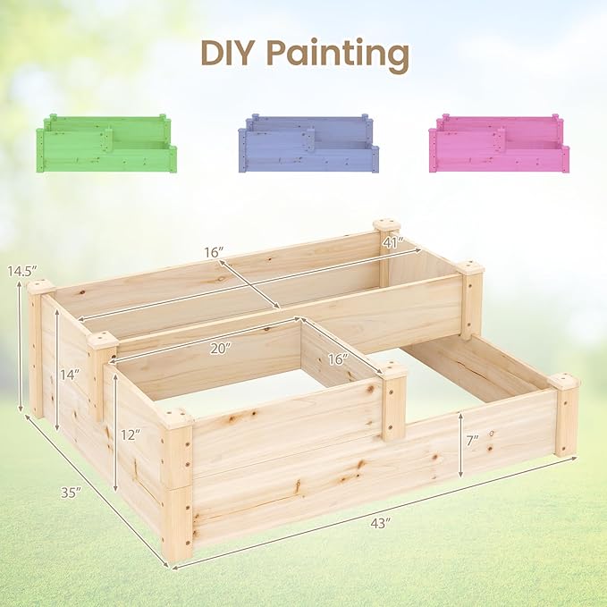 HAPPYGRILL 3-Tier Raised Garden Bed Wood Elevated Planter Box w/Open-Ended Base 3 Planting Depths&amp 2 Arrangement Options for Yard Lawn Outdoor Planter Raised Beds for Vegetables Herbs Fruits
