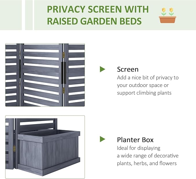 Outsunny Freestanding Outdoor Privacy Screen 4 Self-Draining Planters/Raised Garden Beds 3 Hinged Panels for Hot Tub Patio Backyard Deck Gray