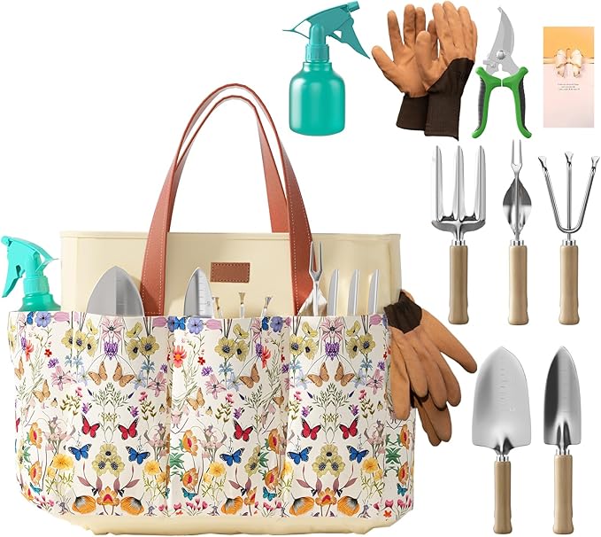 VerdantVibes 9-Piece Garden Tool Set - Heavy Duty Gardening Hand Tools with Ergonomic Non-Slip Grips Rust-Resistant Shovel Trowel Rake Pruner &amp Storage Bag - Ideal Gardening Gifts for Women