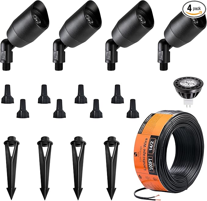 VISTA 4 Pack Cast Aluminum Landscape Spotlights Low Voltage Landscape Lighting Spot Lights Outdoor with 4.5W MR16 LED Bulb for Yard Garden Lawn Tree