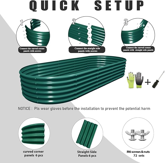 2 Packs 8x3x1.5FT Galvanized Raised Garden Bed Kit Oval Metal Ground Planter Box Outdoor Bottomless Planter Raised Beds for Vegetables Flowers Herbs Fruits Green