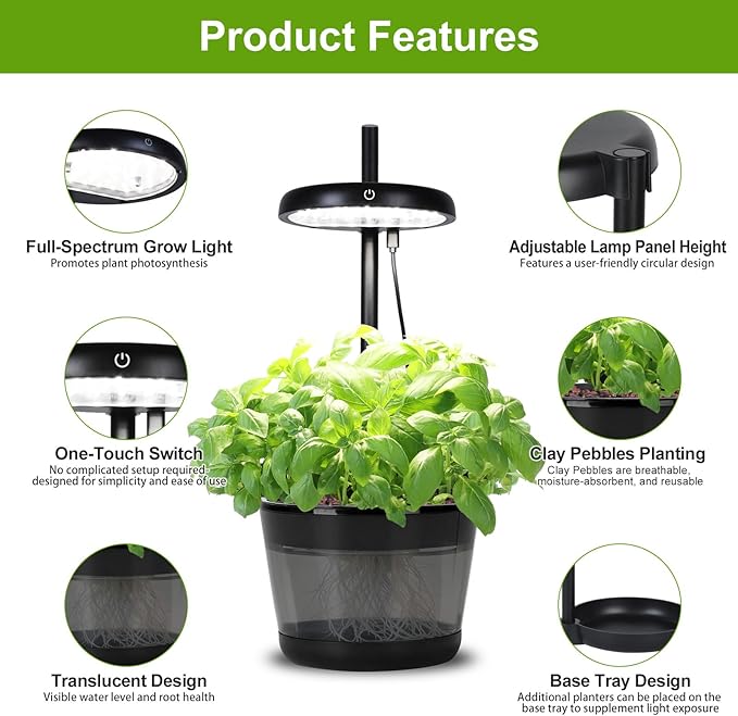 Indoor Clay pellets hydroponic Gardening System with 20-W LED Plant Grow Light.The Translucent hydroponic Growing System for Hydroponic Herbs Vegetables Lettuce Harvest on Countertop
