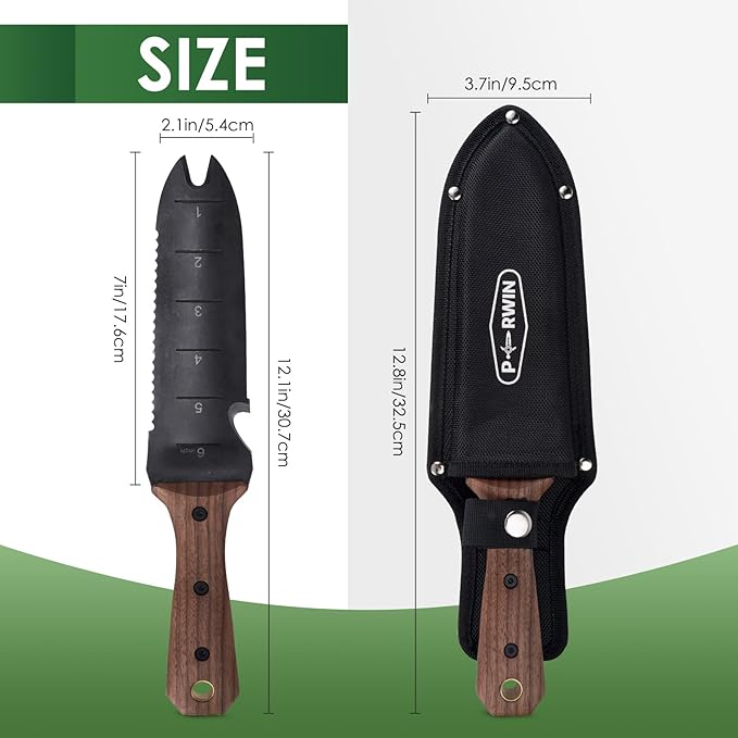 Hori Hori Garden Knife Garden Tools with Sheath for Weeding Planting Digging 7 Stainless Steel Blade with Cutting Edge Full-Tang Walnut Wood Handle with Hanging Hole