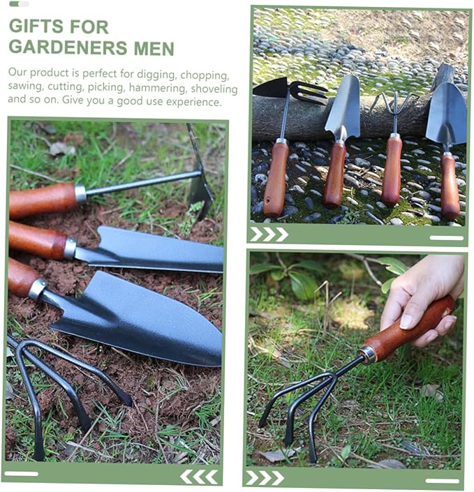 Garden Tool Set 4pcs Mini Trowel Hand Rake and Narrow Shovel for Digging and Planting Metal Gardening Tools with Extended Handles for Flower Pots and Vegetable Beds